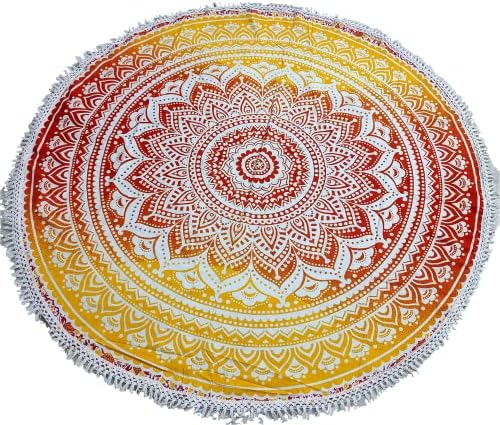 Round Beach Tapestry Turquoise Mandala Throw/Boho Hippie Beach Blanket Roundie/Indian Cotton Bohemian Large Round Table Cloth-Home Decor/Yoga Mat Meditation Picnic Rug (70", Yellow-Orange)