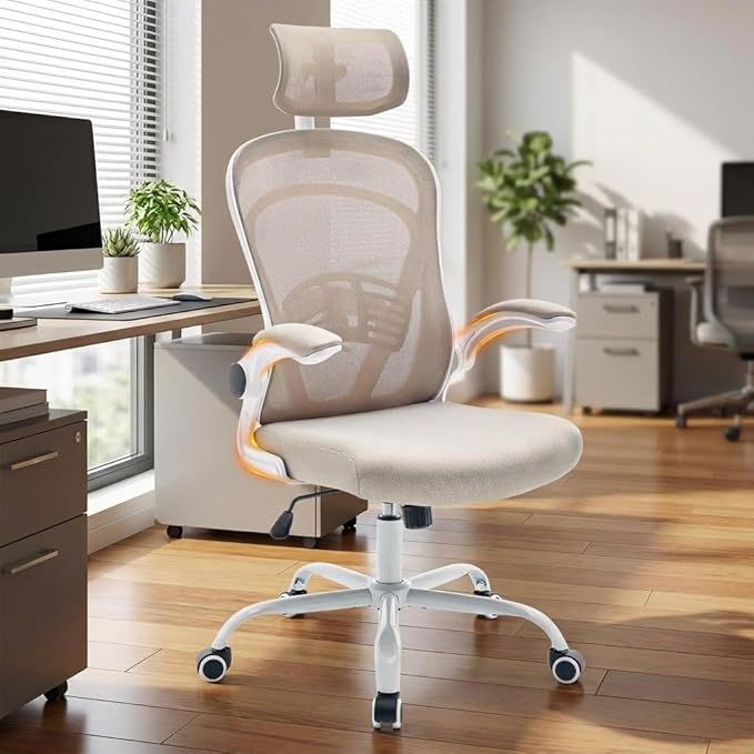 Ergonomic Mesh Office Chair, High Back Desk Chair with Adjustable Lumbar Support & Headrest, Flip-Up Armrests, 300 Lbs Capacity, Swivel Rocking Computer Chair for Home Office Study Bedroom White