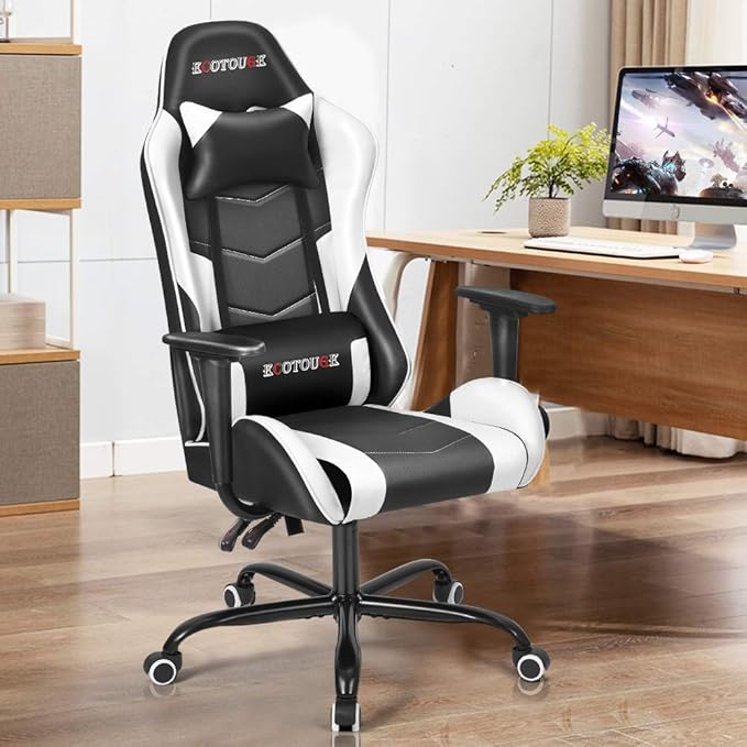 ECOTOUGE PC Gaming Chair Massage Ergonomic Office Desk Chair Racing PU Leather Recliner Swivel Rocker with Headrest and Lumbar Pillow, White