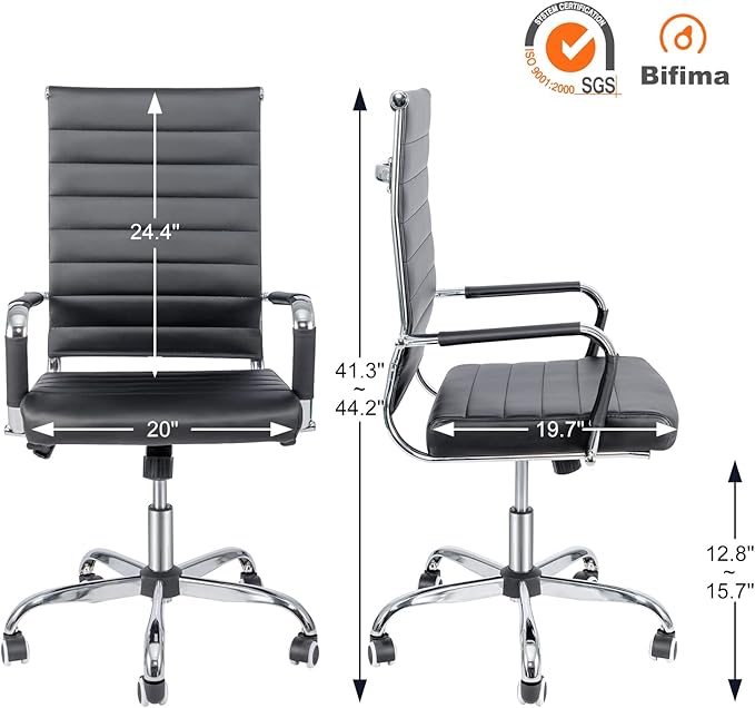Modern Leather Conference Room Chairs,Home Office Chair Ribbed, Ergonomic Executive Office Desk Chairs, High Back Computer Chair, Adjustable Swivel Chair with Arms (Black)