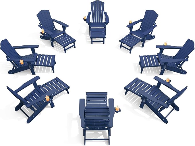 THOEOE Adjustable Adirondack Chair with Retractable Ottoman, HDEP Folding Adirondack Chairs with Footrest 2-in-1 Cup Holder, All Weather Outoor Fire Pit Chair with Foot Rest Set 8 Navy Blue