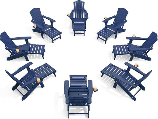 THOEOE Adjustable Adirondack Chair with Retractable Ottoman, HDEP Folding Adirondack Chairs with Footrest 2-in-1 Cup Holder, All Weather Outoor Fire Pit Chair with Foot Rest Set 8 Navy Blue