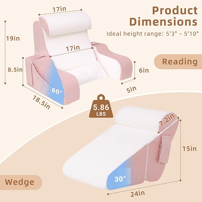 5PCS Reading Pillow for Sitting in Bed Adult, 2 in 1 Foldable Back Wedge Pillow for Sleep, Ergonomic Back Support Pillow with Arms for Watching TV, Gaming, Working, Recovery, 19” Pink