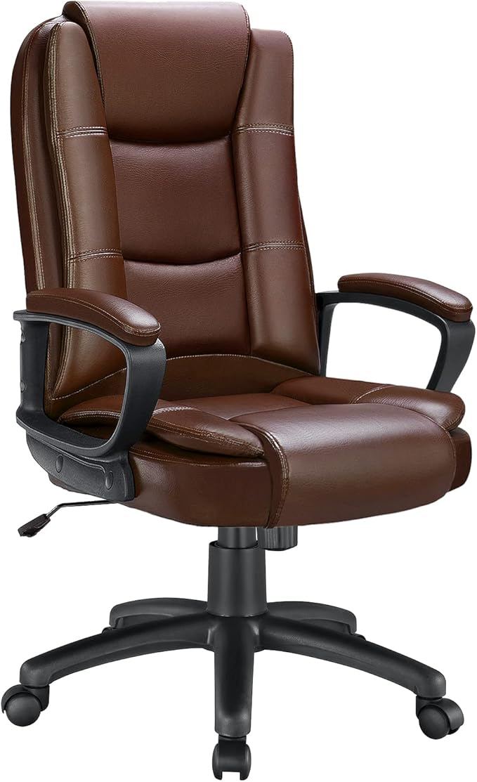LEMBERI Office Desk Chair, Managerial Executive Chair, High Back Computer Chair, Ergonomic Height Adjustable PU Leather Chairs with Cushions Armrest for Long Time Sitting (Brown)