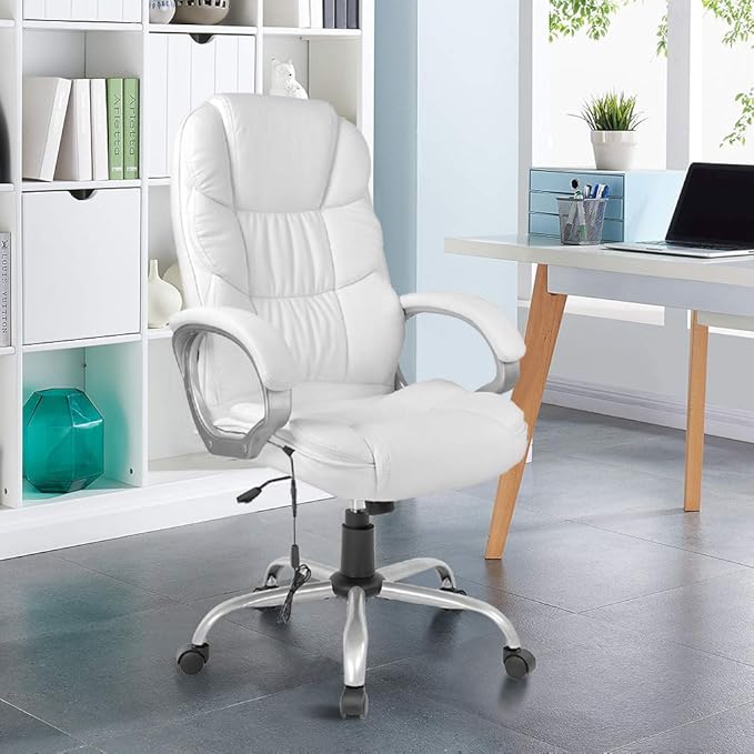 BestOffice Ergonomic White Faux Leather Executive Chair with Lumbar Support, Massage Vibration, Swivel, and Armrests for Home or Office Use