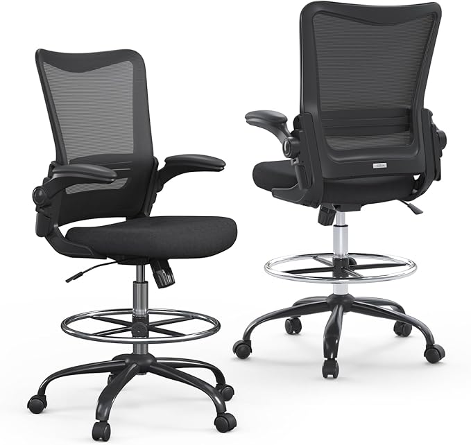 Drafting Chair,Tall Office Chair for Standing Desk,Office Drafting Chair with Footrest Ring,High Office Chair with Tilt Back,Extra Tall Office Chairs with Flip Up Armrest