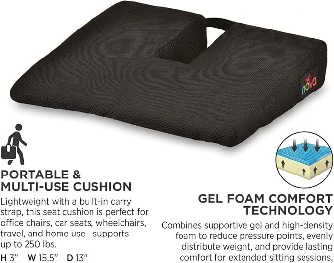 NOVA Medical Products Coccyx Gel Foam Car & Seat Cushion, Black