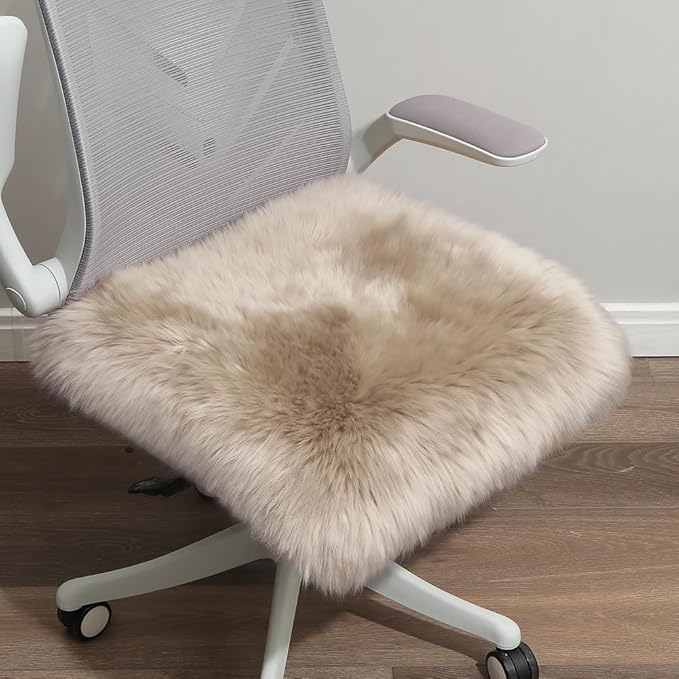 LLB Sheepskin Chair Covers - Office, Dining Room & Desk Chair Seat Cushion - Cream Brown, 18x18 Inch (Pack of 1)