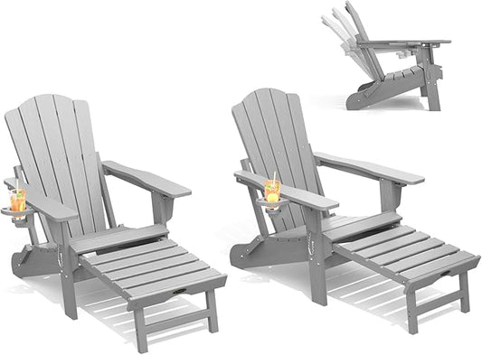 THOEOE Adjustable Adirondack Chair with Retractable Ottoman, HDEP Folding Adirondack Chairs with Footrest 2-in-1 Cup Holder, All Weather Outoor Fire Pit Chair with Foot Rest Set 2 Grey