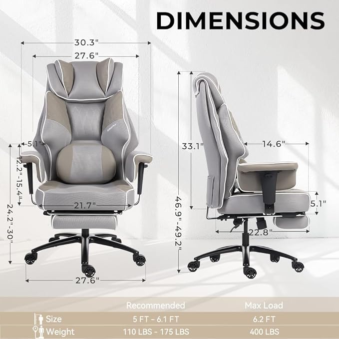 Dowinx Big and Tall Office Chair with Massage Lumbar Support,Executive Office Chair with Wide Thick Seat Cushion and Adjustable Armrest,Mesh Computer Gaming Chairs with Footrest,Grey