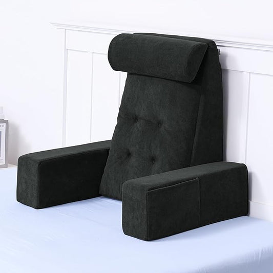 Back Pillow for Bed Sitting Up, Upright Pillows for Sleeping & Lumbar Relief, Dual-Layer Back Support Pillow with Adjustable Headrest, Black