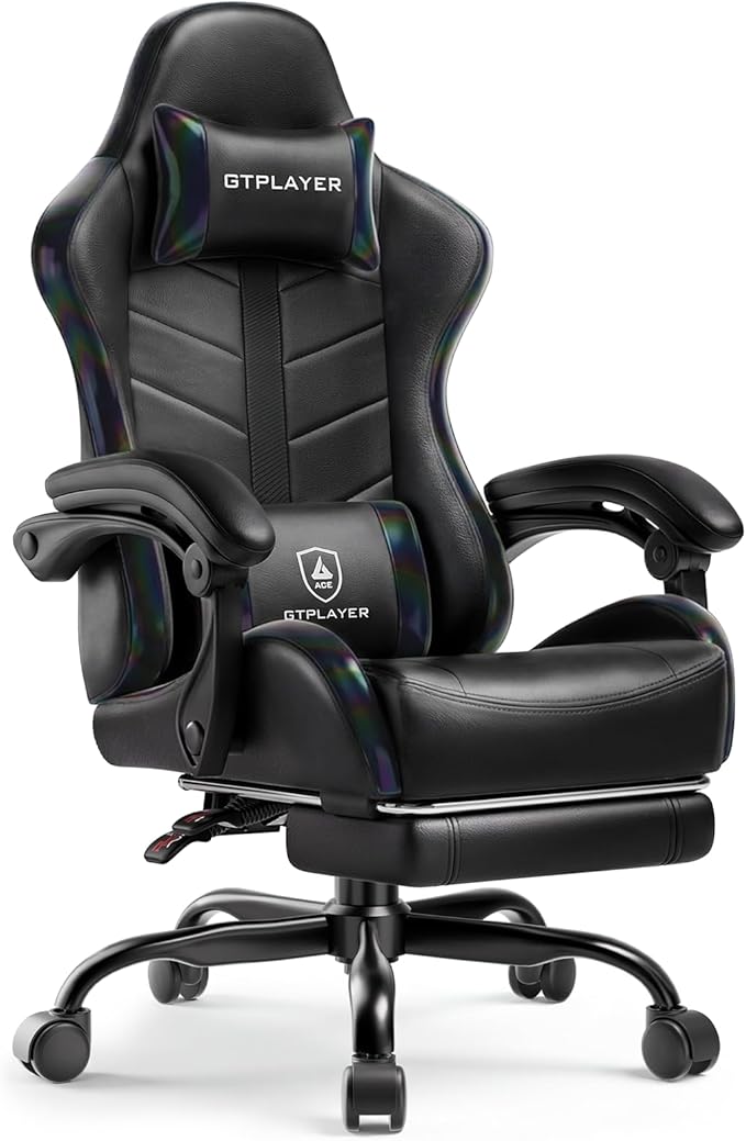 GTPLAYER Gaming Chair for Adults, Ergonomic Computer Gaming Chair with Footrest, Height Adjustable, 90-155° Recline & Removable Headrest Lumbar Support, Colorful Black