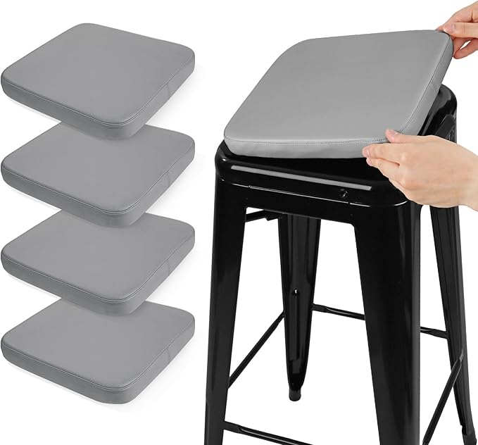 SINOSSO Modern Faux Leather Bar Stool Cushions 4 Pack, Leathaire Magnetic Small Chair Pads for Cafe Bistro Stackable Metal Stools (Square, Dark Gray, 4)