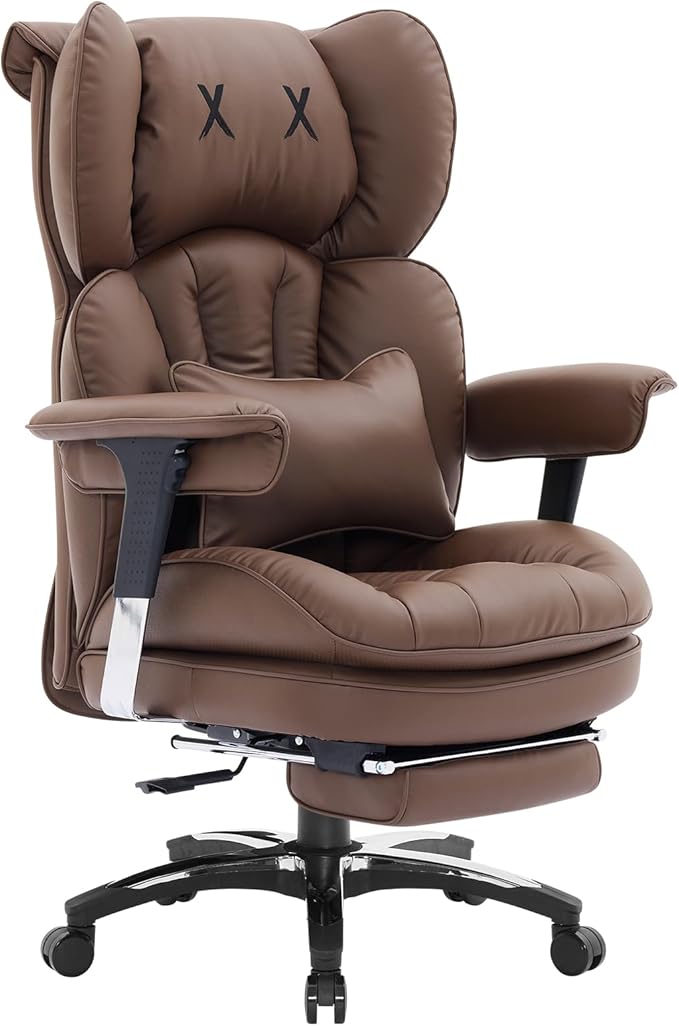 Efomao Desk Office Chair, X-Embroidery Big and Tall PU Leather Home Chair, Adjustable High Back Computer Gaming Chair, 200kg Swivel Executive Office Chair with Footrest and Lumbar Support, Brown