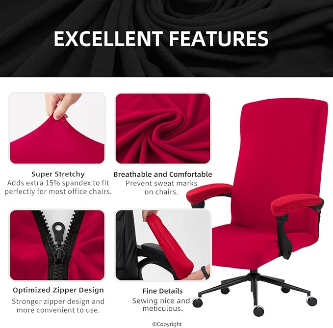 Stretch Computer Office Chair Cover with Armrest Covers Durable Zipper Universal Washable Removable Spandex Rotating Boss Chair Slipcovers Anti-dust Soft Desk Chair Seat Protector, Red