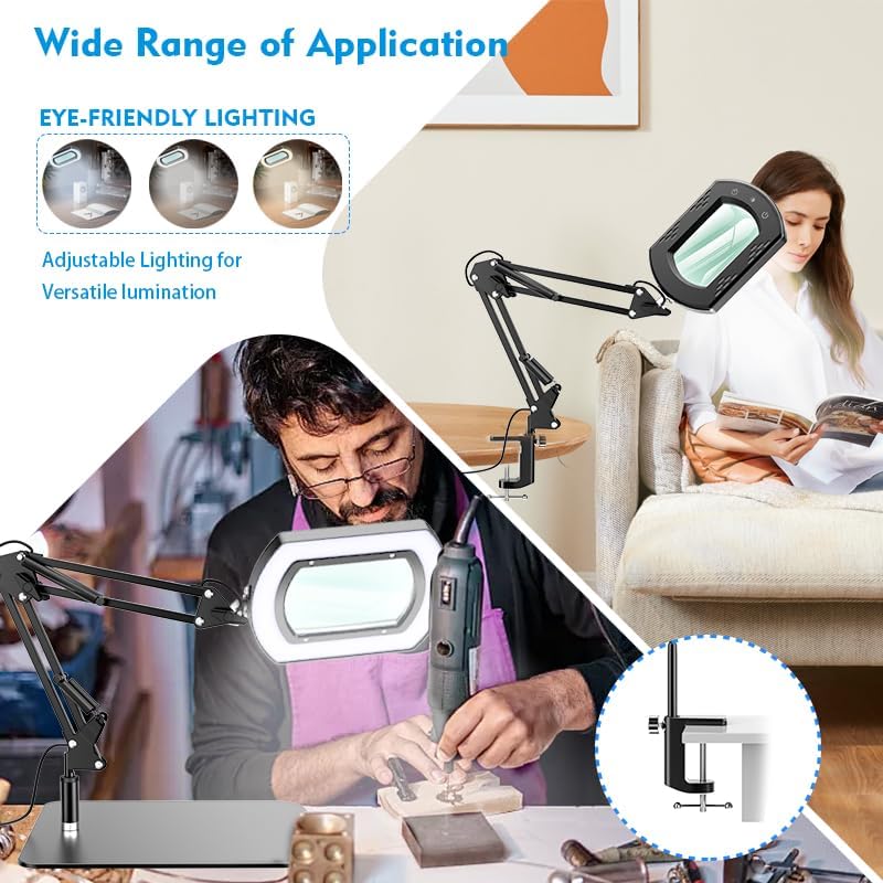 Magnifying Glass with Light and Stand, 15X Hands Free Lighted Magnifying Lamp with 5 Color Modes and Swing Arm, Dimmable LED Desk Magnifier for Crafts, Sewing, Reading, Jewelry, Soldering, Seniors