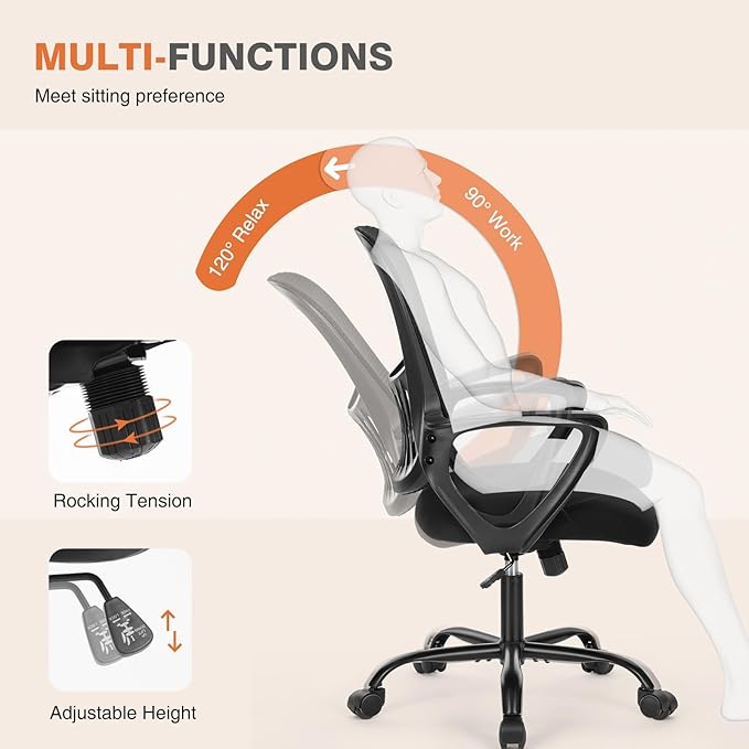 Sweetcrispy Home Office Managerial Executive Chair with Ergonomic Design, Mid-Back Mesh Swivel, Comfortable Lumbar Support, Comfy Arms for Bedroom,Study,Student, Black