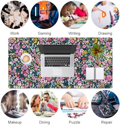 Faux Leather Large Mouse Pad, Office Desk Mat, 31.5"x15.7", Blooming Flower