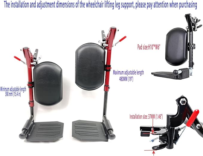 Red Wheelchair elevating Leg Rests, w/Calf pad, Non-Slip Footplates, Compatible with Reclining Wheelchair, Standard Wheelchair, Transport Chair. Universal Wheelchair Parts, (1 Pair,Red)