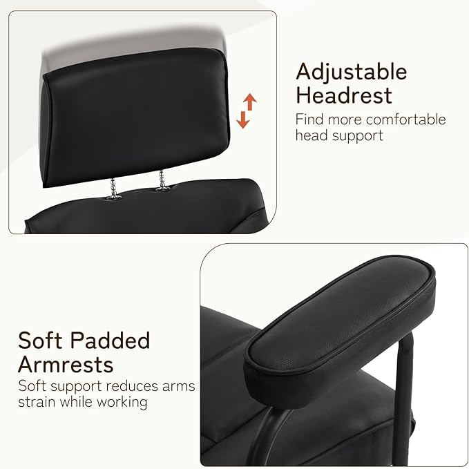 Furniliving Leather Office Chair with Adjustable Headrest, Mid-Century Modern High-Back Office Desk Chair, Ergonomic Computer Chair with Wheels, Armrests, Lumbar Support, Black