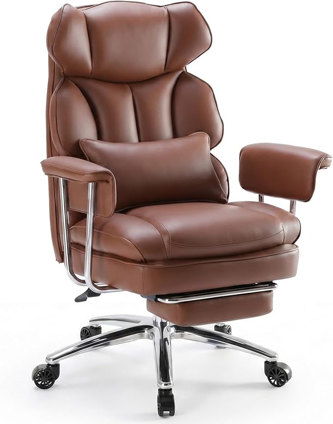 DUMOS Home Office Desk Executive Chair - Ergonomic Big Tall High Back with Footrest & Lumbar Support, Reclining Height Adjustable, Comfy PU Leather Computer Gaming with Swivel Wheels, Brown