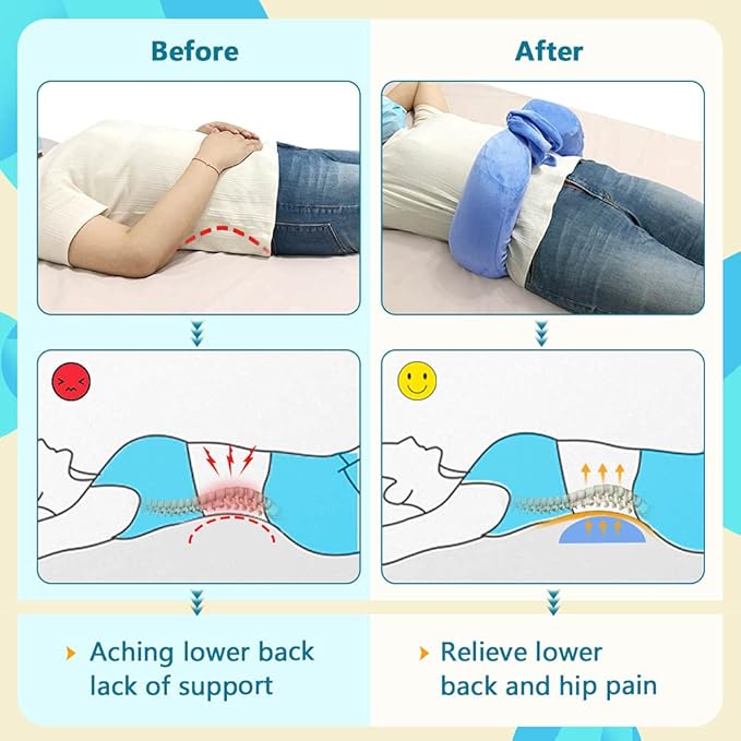 Lumbar Roll Pillow for Sciatica Nerve Pain Sleeping Lower Back Support Scoliosis Waist Pillow for Side Sleeper in Bed & Office Chair Adjustable Straps Lumbar Foam Positioning Pillow (L Size)