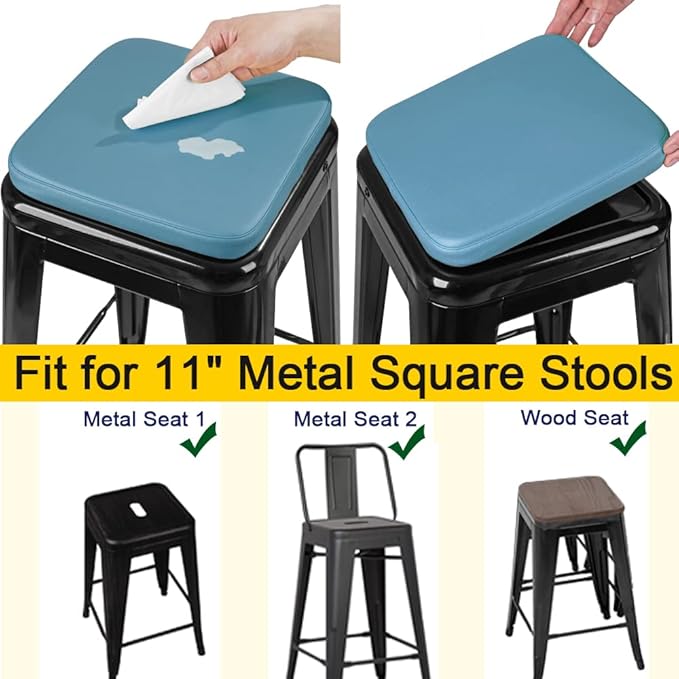 SINOSSO Modern Faux Leather Bar Stool Cushion 1 Piece, Leathaire Magnetic Small Chair Pad for Cafe Bistro Stackable Metal Stool (Square, Blue, 1)