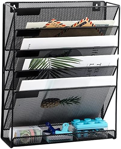 EASEPRES Desk File Organizer Mesh 6-Tier, Hanging Wall Mount Document Organization Stand, Desktop Vertical Mail Paper Folder Holder Rack with Bottom Tray for Office Home Cubicle Countertop, Black
