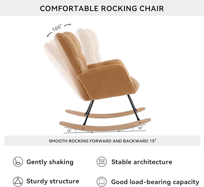 FOXHUNTER Rocking Chair Nursery Teddy Upholstered Glider Rocker High Backrest Nursery Rocker Comfortable Stylish Accent Armchair for Living Rooms Bedrooms Offices (Teddy Kahaki)