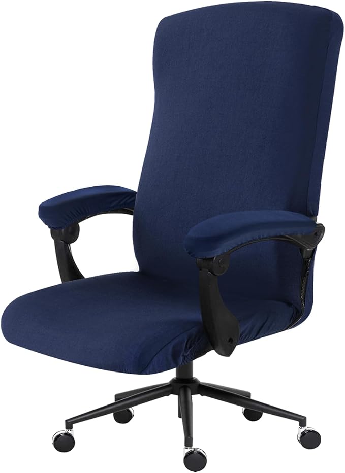 Stretch Computer Office Chair Cover with Armrest Covers Durable Zipper Universal Washable Removable Spandex Rotating Boss Chair Slipcovers Anti-dust Soft Desk Chair Seat Protector, Navy