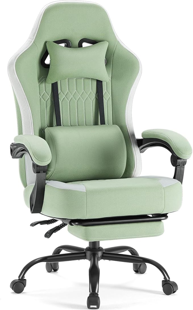 DUMOS Gaming Chair with Linkage Armrests, Video Game Chairs with Pocket Spring Cushion, Ergonomic Computer Silla Gamer Office Desk Chair with Footrest for Adults & Students, Green