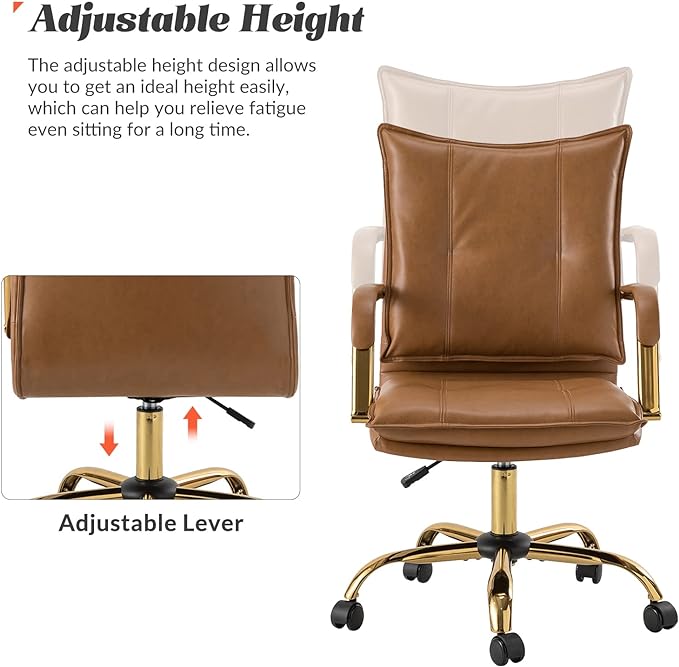 HULALA HOME Faux Leather Home Office Desk Chair, Adjustable Swivel Computer Chair with Golden Legs and Arms, Comfy Upholstered Task Chair,Camel