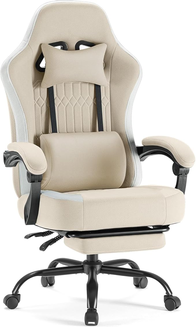 DUMOS Gaming Chair with Linkage Armrests, Video Game Chairs with Pocket Spring Cushion, Ergonomic Computer Silla Gamer Office Desk Chair with Footrest for Adults & Students, Khaki