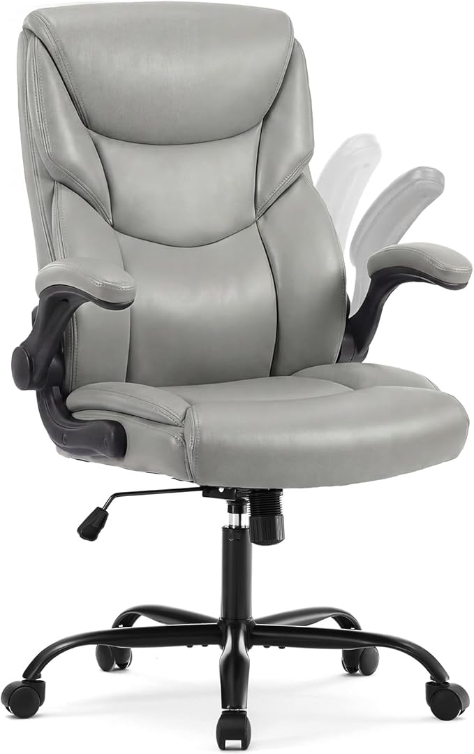 DUMOS PU Leather Office Chair - Ergonomic Executive Computer Desk Chairs with Adjustable Flip-up Armrest, Swivel Task Chair with Lumbar Support, Strong Metal Base, Grey