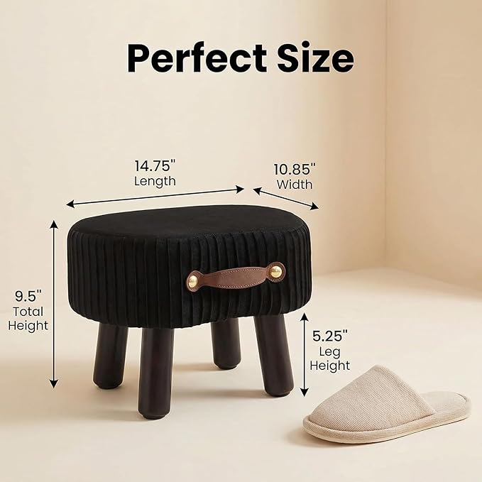 Small Ottoman Foot Rest,Foot Stool with Handle, Velvet Footstool Ottoman with Padded Seat, Curved Foot Rest Stool with Wooden Legs for Living Room, Entryway, Black