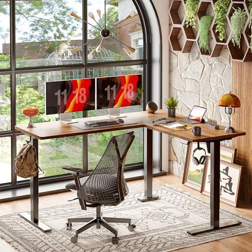TIQLAB L Shaped Standing Desk Adjustable Height, Electric Corner Standing Desk, 63 x 55 inch Sit Stand Computer Table with Splice Board, Black Walnut