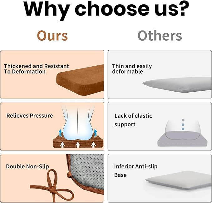 2'' Thick High-Density Foam Indoor Chair Cushions | Dining Chair Pads with Ties, Removable Washable Cover, Kitchen Chair Cushions 17"x16", Orange Brown 4 Pack