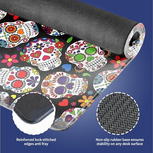 Sugar Skull Vibrant Floral Large Mouse Pad, Day of The Dead Black Desk Mat