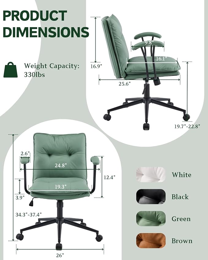 Karl home Faux Leather Office Chair with Removable Armrests, Adjustable Height & 360° Swivel, Tufted Thick Cushion Computer Desk Chair with Lumbar Support for Living Room, Vanity, Green