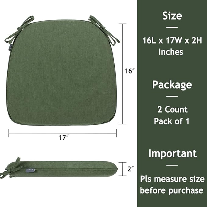 Magpie Fabrics 17"x16"x2" U-Shape Chair Cushions with Ties 2 Count, Outdoor Indoor Waterproof All Weather Seat Pads Decoration for Patio Garden Dining Office - Green