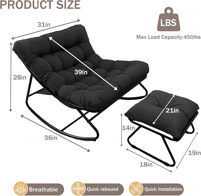 Outdoor Rocking Chair, Rocking Chair with Foot Rest, Comfy Rocker Chairs with Thick Cushion and Frame, Mecedora for Balcony, Living Room, Patio (Black.)