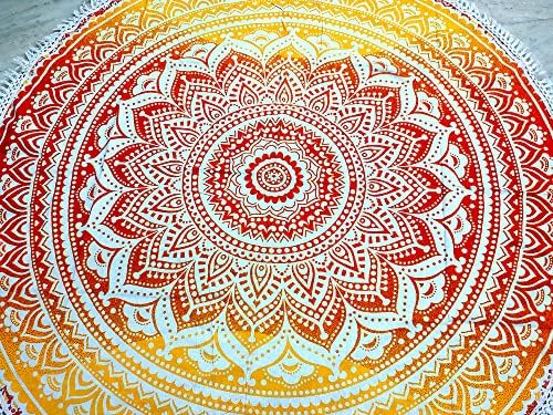 Round Beach Tapestry Turquoise Mandala Throw/Boho Hippie Beach Blanket Roundie/Indian Cotton Bohemian Large Round Table Cloth-Home Decor/Yoga Mat Meditation Picnic Rug (42", Yellow-Orange)