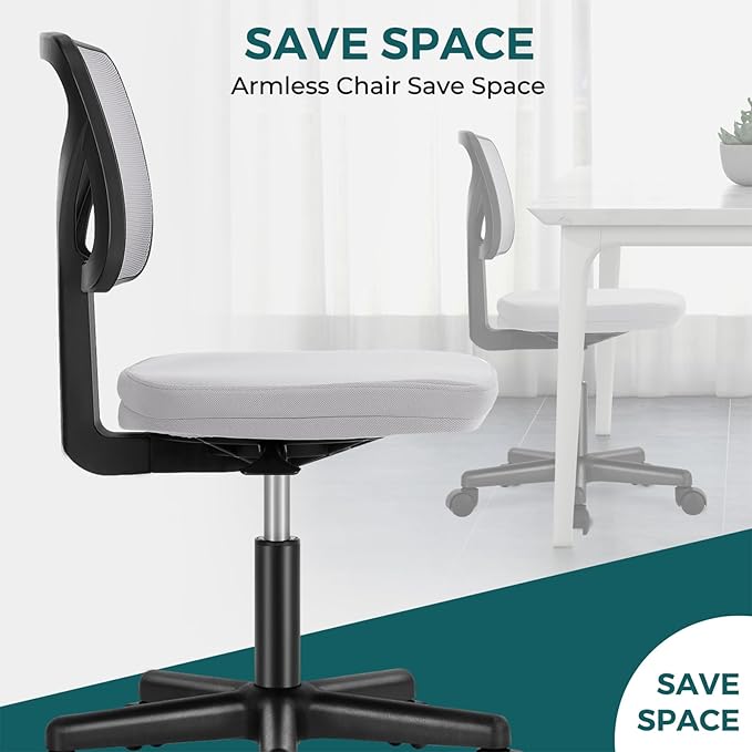 DUMOS Small Office Chairs with Wheels, Ergonomic Adjustable Home Desk Swivel Rolling Task Chair No Arms, Comfy Mesh Mid Back Computer Work Vanity Desk Chairs for Small Spaces, New Grey