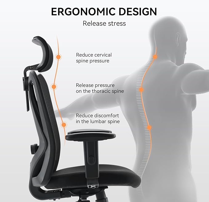 XUER Ergonomic Office Chair, Mesh Computer Desk Chair with Adjustable Sponge Lumbar Support, Thick Cushion, PU Armrest and Headrest, High Back Swivel Home Office Task Chair for Work (Black)…