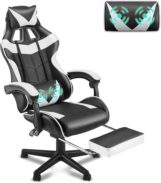 Soontrans White Gaming Chairs with Footrest, Video Game Chairs for Adults Teens,Ergonomic Gamer Chair with Headrest, Lumbar Support Adjustable Recliner Chair(Polar White)