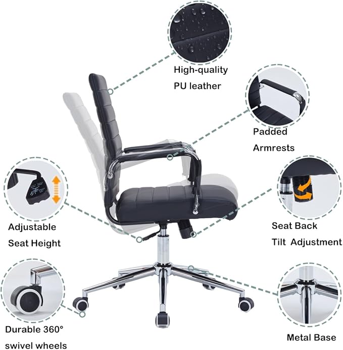 Black Modern Mid Back Office Desk Chair, PU Leather Ribbed Ergonomic Executive Conference Chair with Wheels, Adjustable Swivel Task Chair with Arms