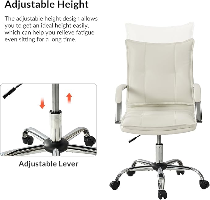 HULALA HOME Faux Leather Home Office Desk Chair, Adjustable Swivel Computer Chair with Sliver Legs and Arms, Comfy Upholstered Task Chair(White)