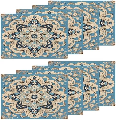 Shrahala Floral Intricate Placemats, Beautifully Detailed Flower Table Mat Linen Burlap Washable Double-Deck Heat Insulation for Dining/Kitchen Table Set of 8 (12 X 18 Inch)