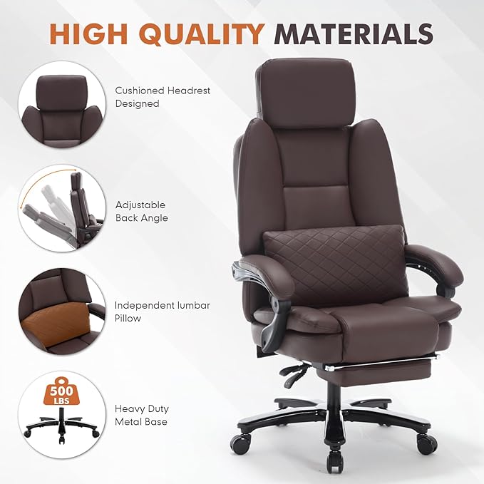 500lbs Plus Size Office Chair with Lumbar Support, PU Leather Big and Tall Heavy Duty Reclining Office Desk Chair with Foot Rest, Brown