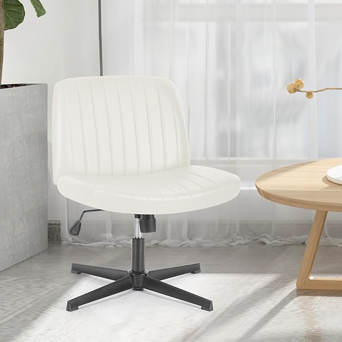Sweetcrispy Criss Cross Chair Legged, PU Leather Armless Office Swivel Desk Chairs No Wheels, Vanity Height Adjustable Wide Seat Faux Leather Computer Task Chair for Home Bedroom, PU-Beige